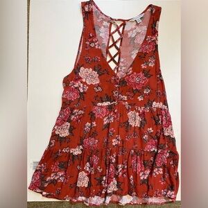 American Eagle womens boho sleeveless red floral printed top tunic size XS